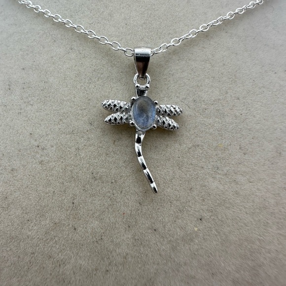 Jewelry - Silver Moonstone Dragonfly Pendant Necklace on Silver Plated Box Chain